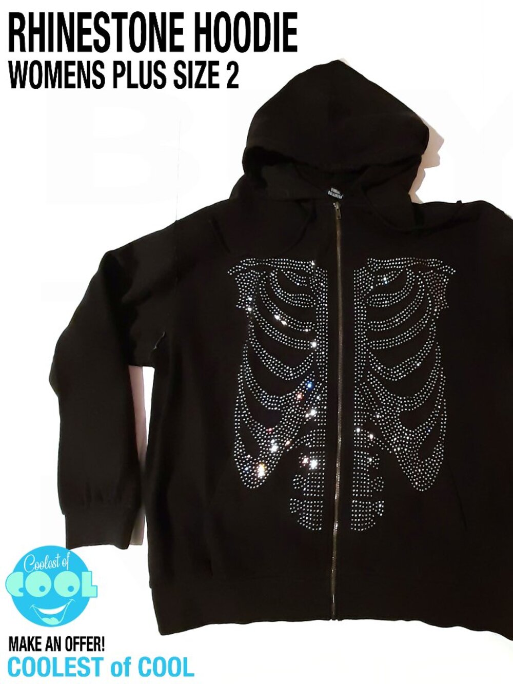 Hot topic Rhinestone rib cage womens 2X skeleton hoodie black Social collision